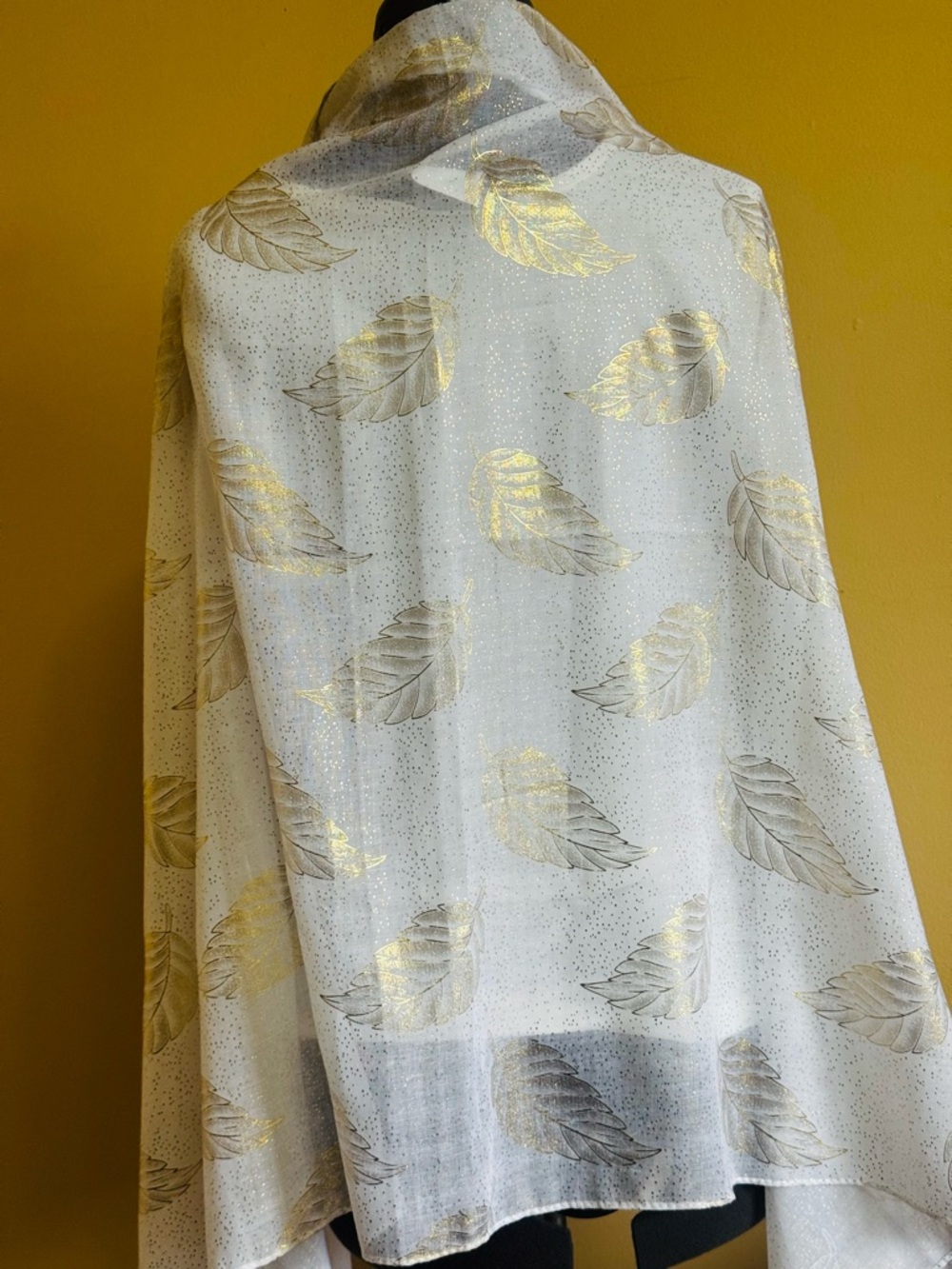 Sheer White Scarf with Gold Leaf Motif
31”x70”